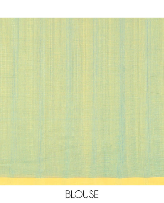 Blue plain khadi cotton saree with contrast border & striped design pallu