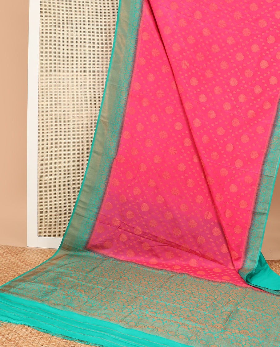 Pink Semi banaras chiffon saree with buttas, contrast traditional design border & intricately designed pallu
