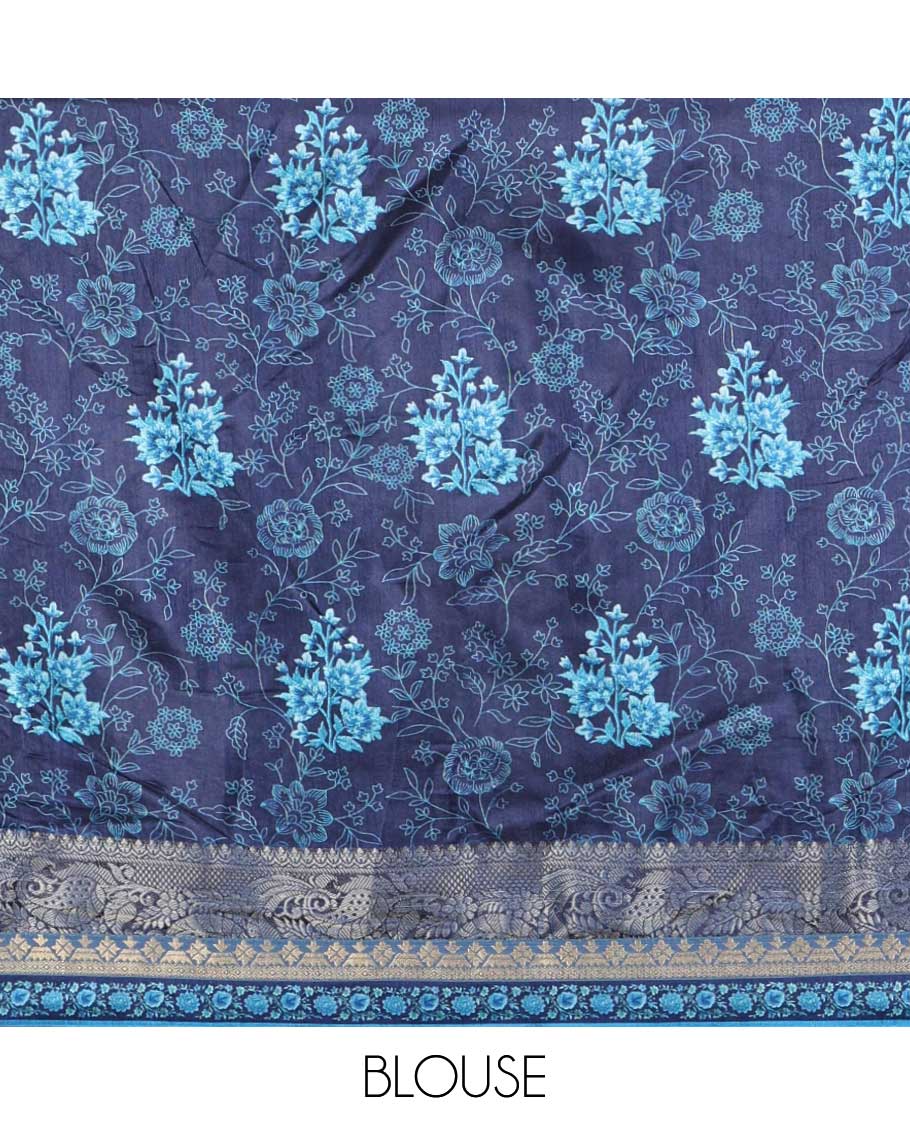 Blue geometric digital print twill chiffon saree with zari weaving border & self pallu along with printed blouse