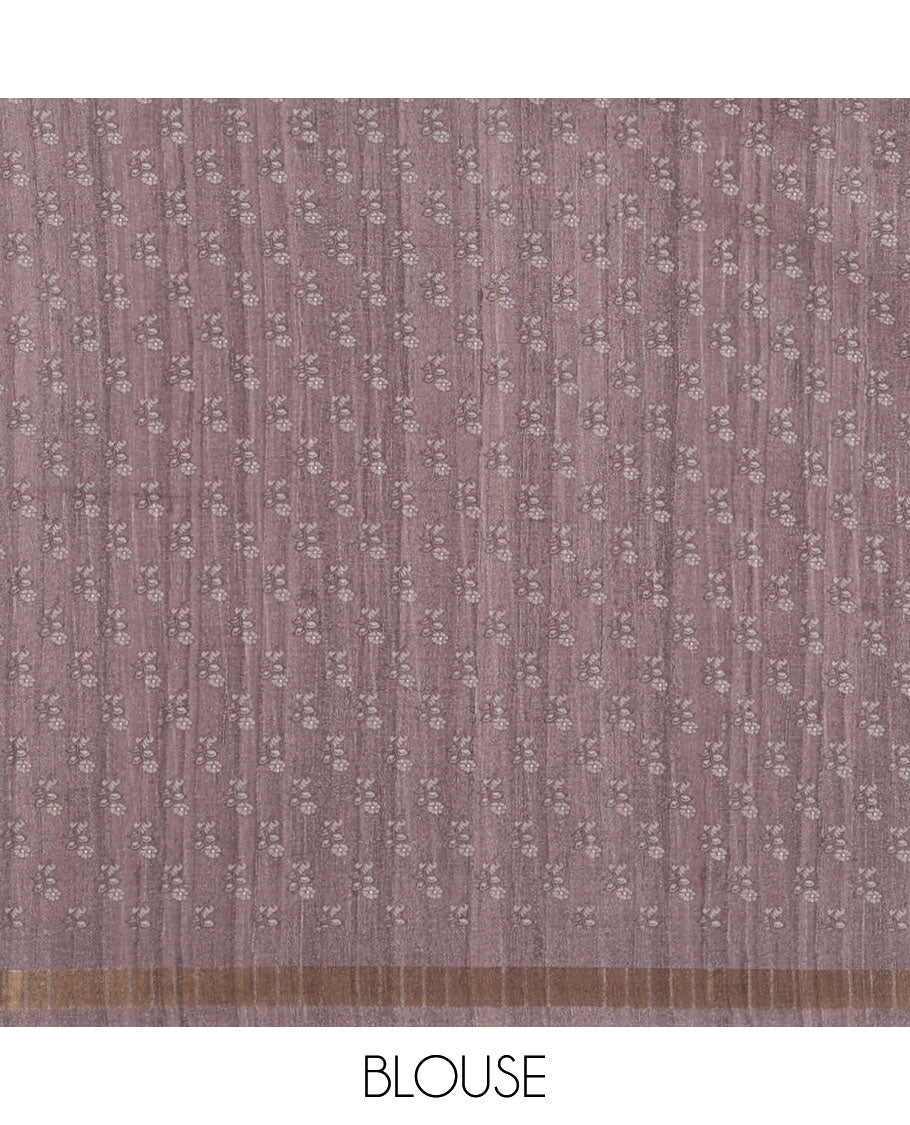 Cream floral motifs printed katan silk saree, contrast grey color border & pallu of kalamkari-style floral vine print