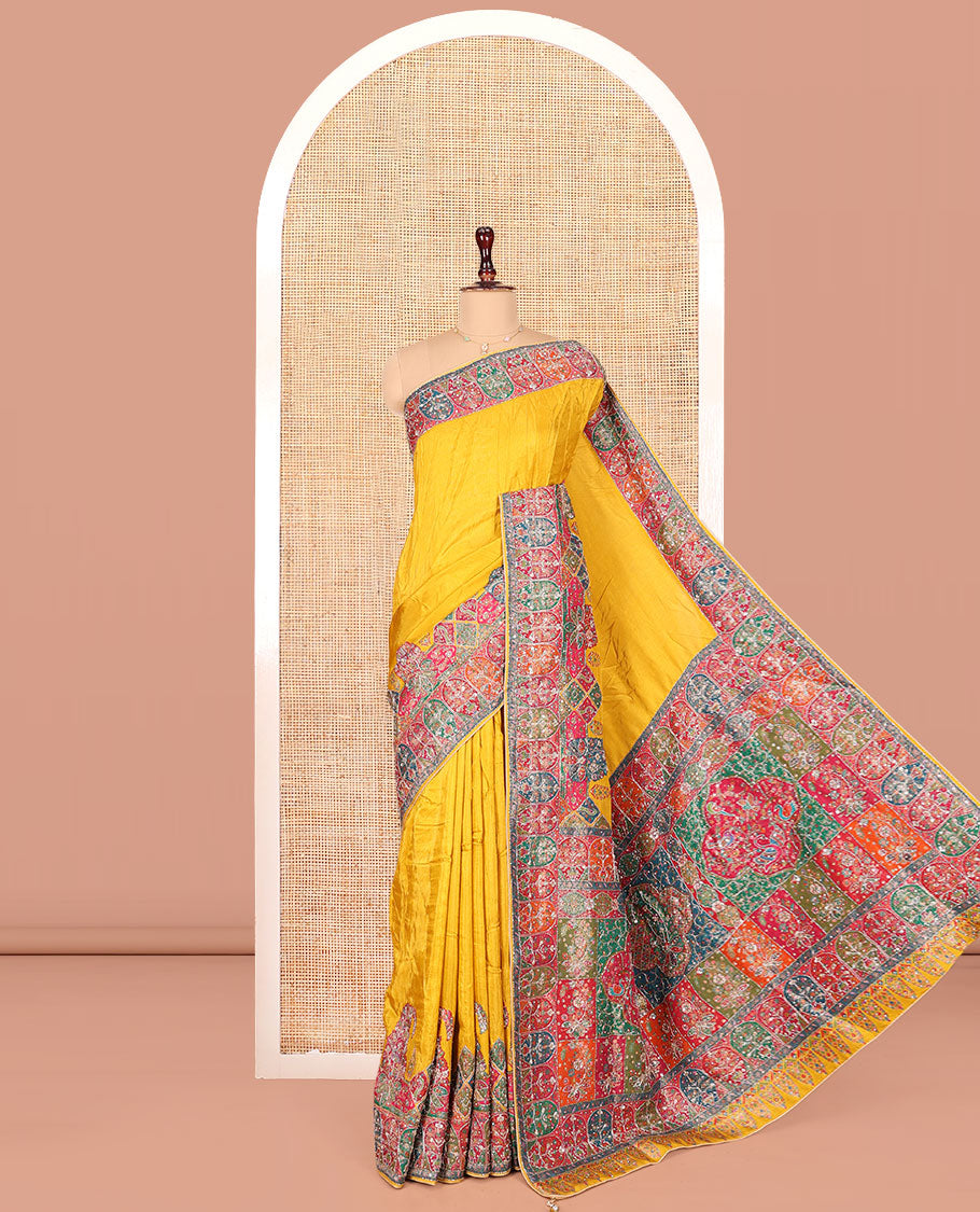 Yellow Plain Dola Silk Saree, Complemented by Contrast Mughal-Style Patterns Print and Embroidered Border, Intricately Designed Pallu, and Paired with a Matching Blouse