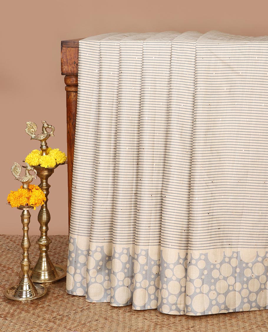 Chikku color with Grey stripes, block print fancy tussar silk saree with polka dot border & polka dot printed pallu along with printed blouse