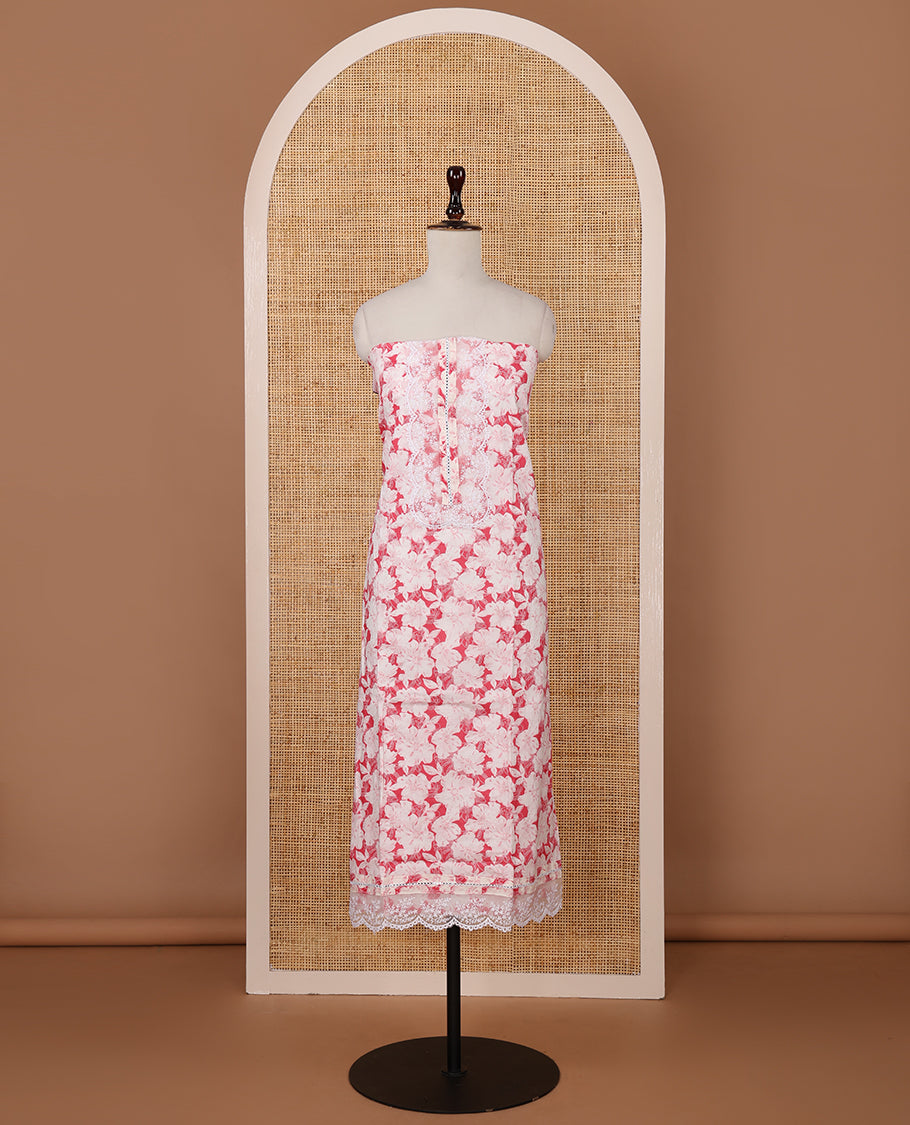 Pink cotton chudidar material set,floral print with daman floral neck embroidery top,plain bottom & floral jaal embroidery dupatta