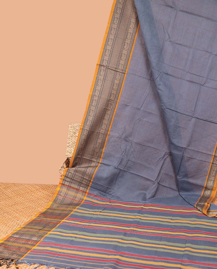 Lavender plain Narayanapet cotton saree, contrast traditional design border & multi-color striped pallu