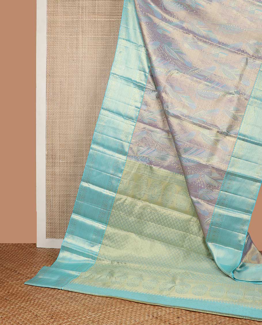 Purple leaf design kancheepuram tissue silk saree with contrast border of intricate zari design & argyle design pallu