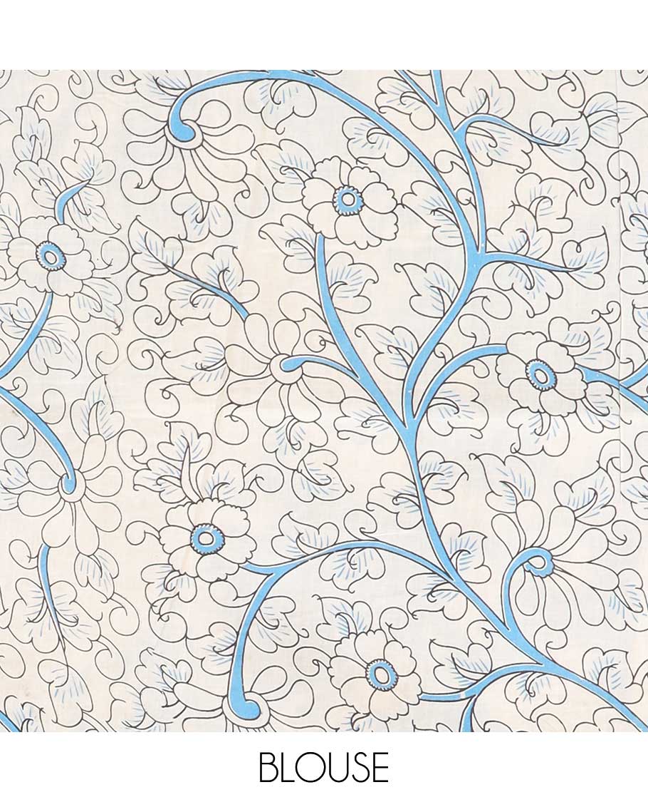 Blue floral machine-printed kalamkari cotton saree, contrast human motifs border & pallu of animal motifs
