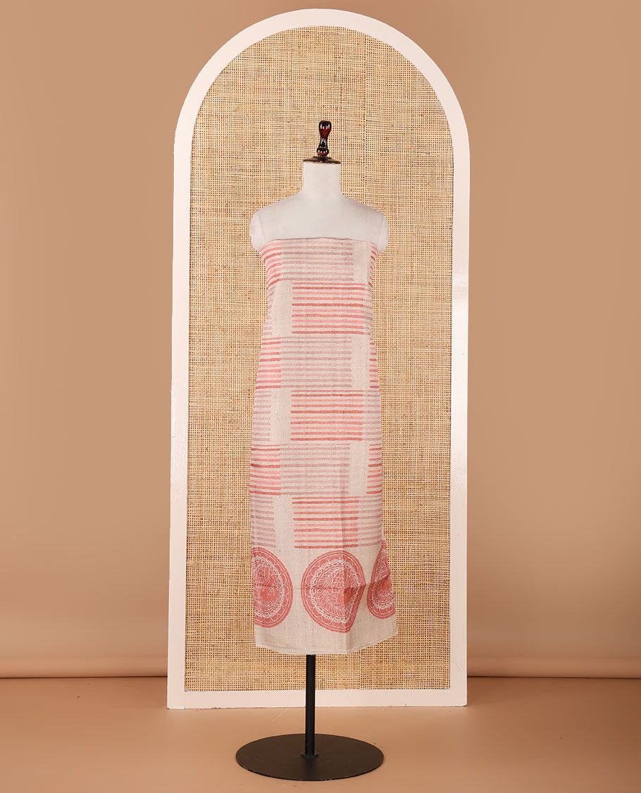 Chikku semi-tussar material chudidar set,geometric & round peacock motif print top, peach bottom & geometric & round peacock print dupatta