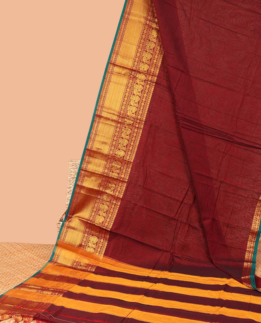 Maroon plain Narayanapet cotton saree, contrast traditional design border & striped pallu