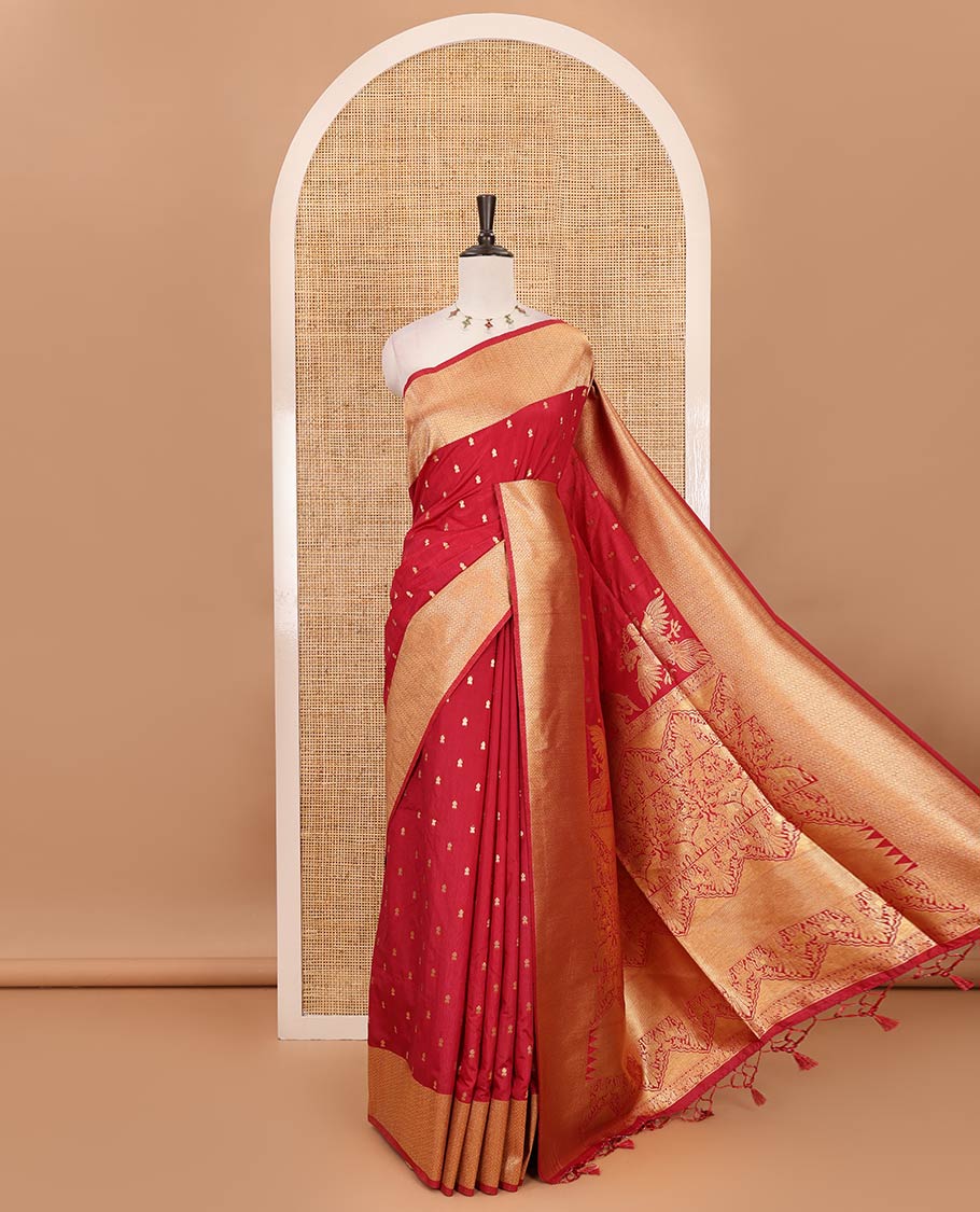 Dark pink zari buttas dola silk saree, vanki zari border, checked blouse & pallu of iruthalai pakshi, kuthirai, kili & yaanai designs