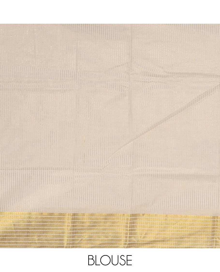 Cream vertical zari striped Kerala cotton saree, zari border & pallu of tree-style motifs screen print
