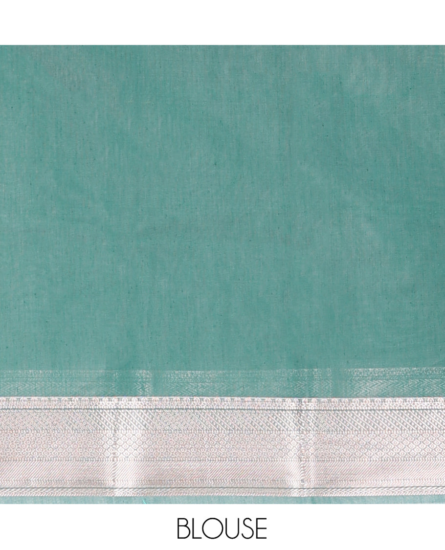 Blue Semi-Silk Cotton Saree, Sparsely Woven with Floral Buttas on Its Body, Highlighted by a Zari Traditional Border, Geometric Patterned Pallu, and Paired with a Matching Blouse
