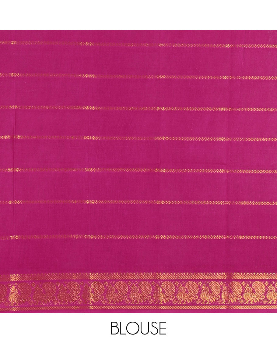 Half-white and purple Veldhari striped Sungudi cotton saree, contrast traditional border of peacock buttas, zari striped pallu, and a contrast blouse