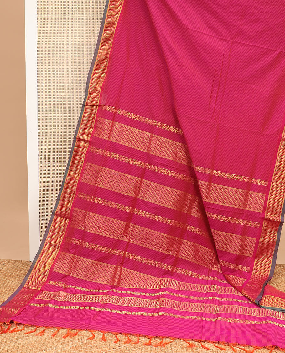 Red striped nine yards cotton saree with contrast ara maadam design border & striped, checked zari design pallu