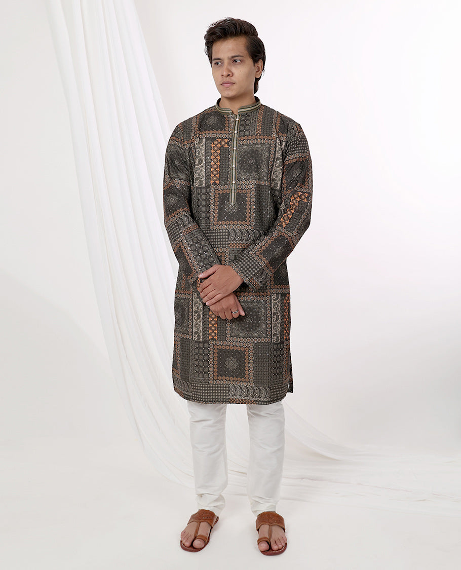 Multi-color ajrakh style floral design with sequins work mandarin collar & full-sleeve long raw silk kurta