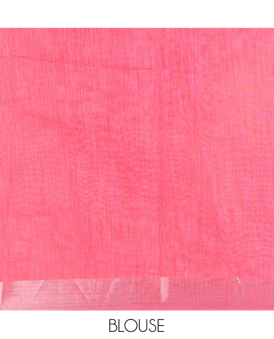 Cream Linen Cotton Saree, Adorned with Thilakam Motifs All Over Its Body, Complemented by a Contrast Bavanji Ganga-Jamuna Border, Contrast Pallu, and Paired with a Contrast Blouse