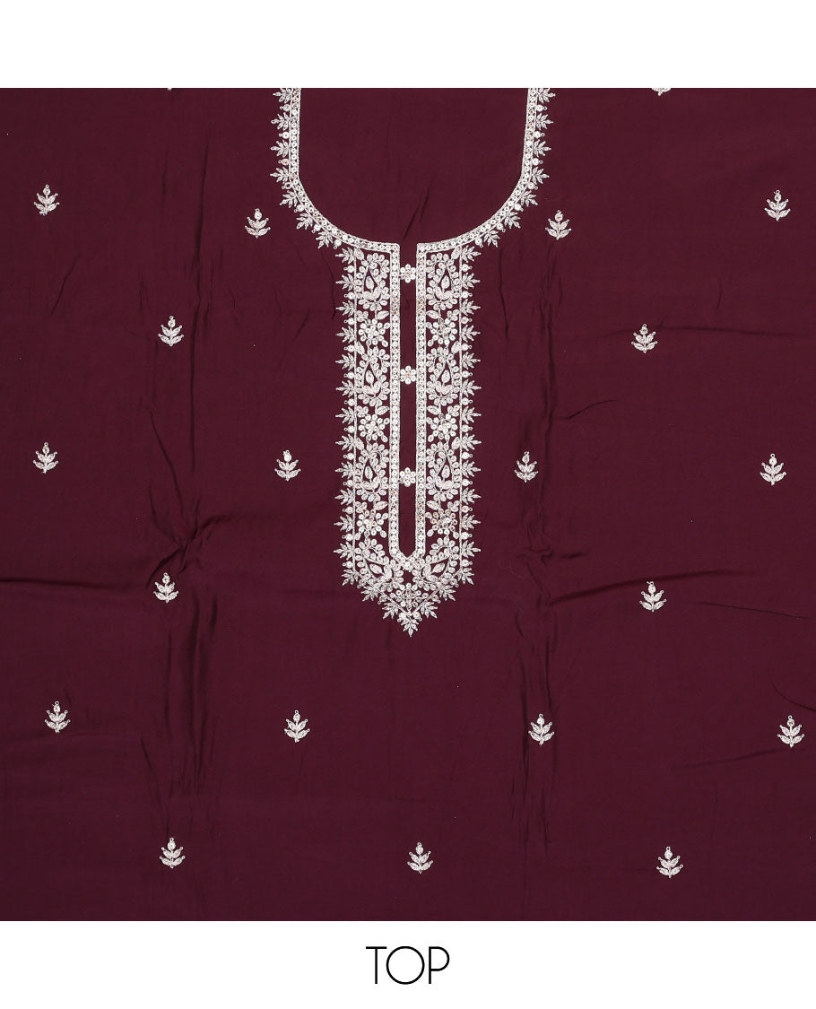 Maroon chudidhar material set, floral embroidery, sequins top , red plain bottom & floral vine zari design dupatta