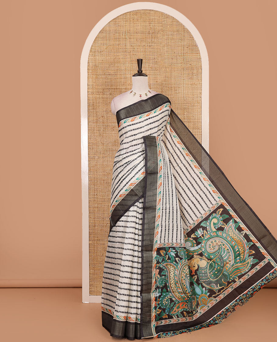 Sandal shibori-style printed soft-tussar saree, contrast zari border, kalamkari peacock printed pallu & kalamkari floral vine print contrast blouse