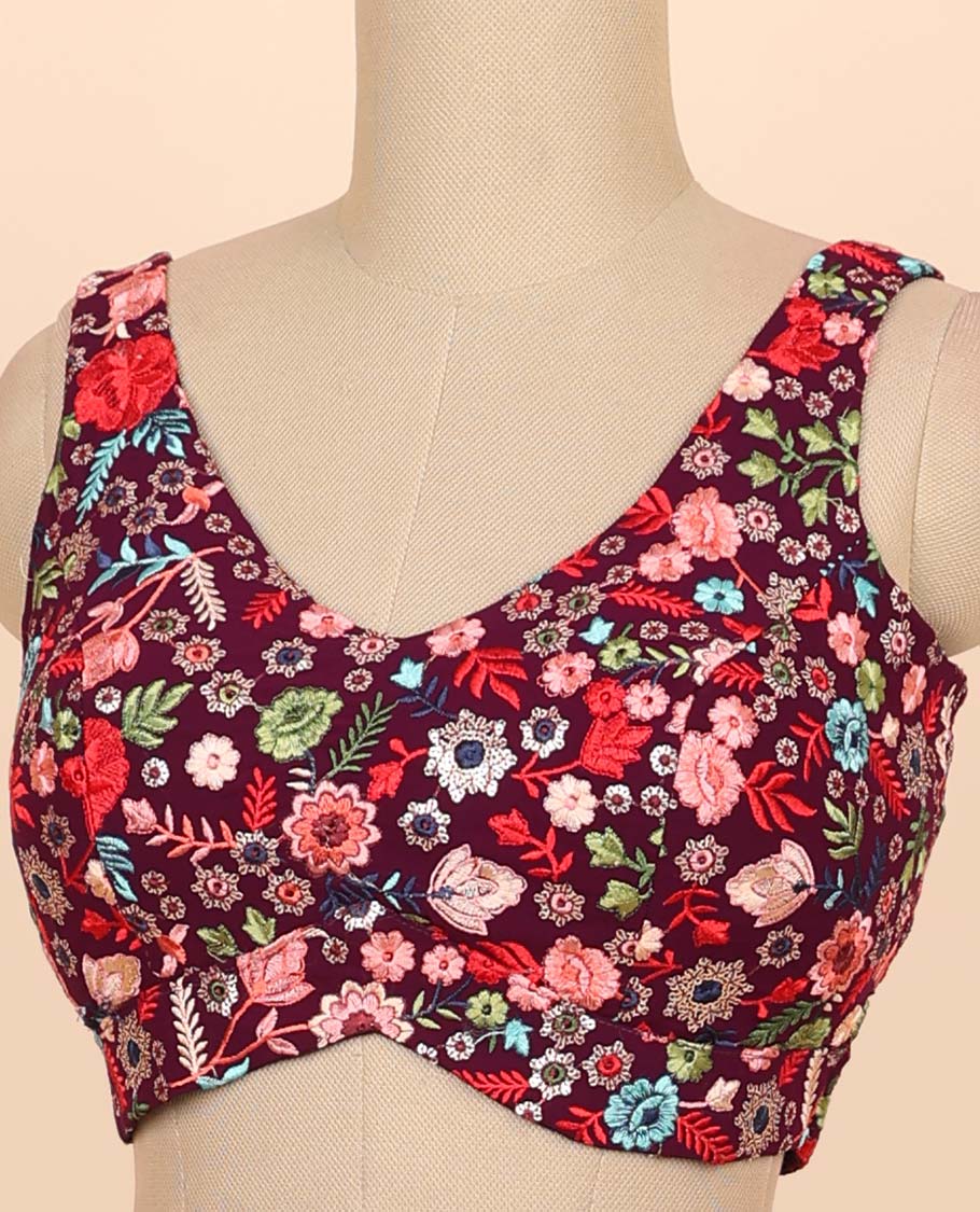 Maroon floral embroidered front & back deep v-neck raw-silk readymade sleeveless blouse