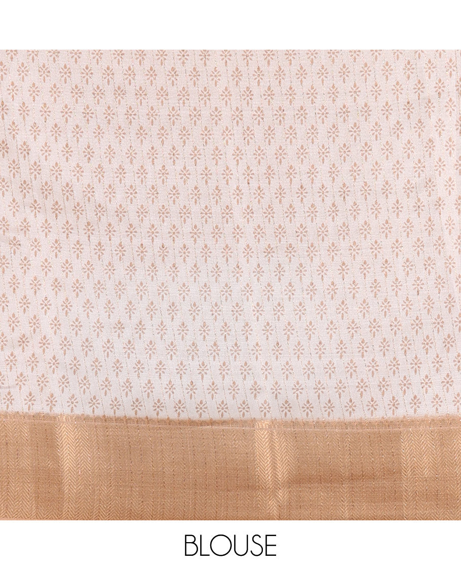 Cream vertical striped dola silk saree, contrast temple traditional zari design border, striped pallu, and a matching blouse