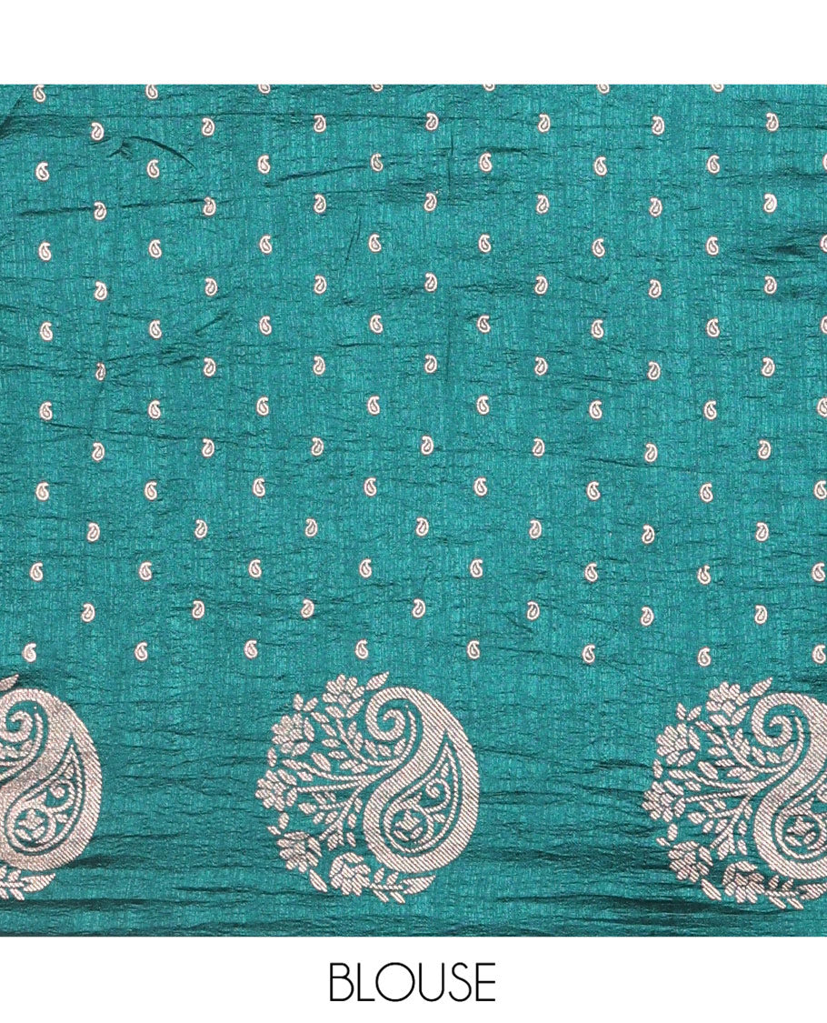 Borderless Peacock Vichitra Silk Saree, Elevated with Paisley and Flora-Paisley Buttas All Over Its Body, Subtle Self-Pallu, and Paired with a Matching Blouse