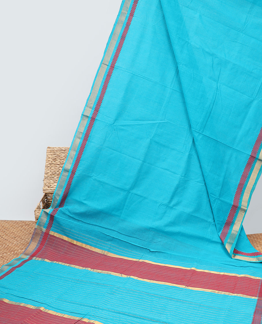 Light blue mangalagiri cotton saree with contrast temple border & striped pallu