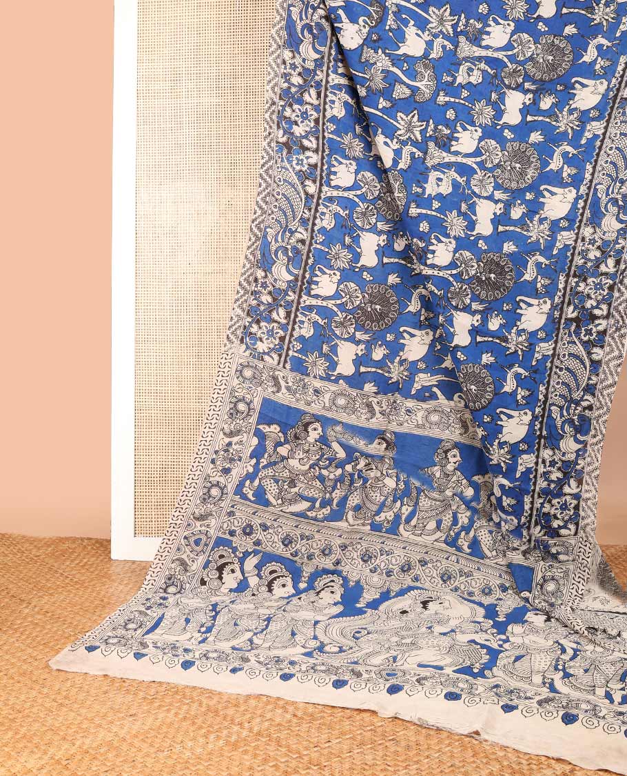 Blue forest theme design machine-printed kalamkari cotton saree with contrast floral design border & pichwai design pallu