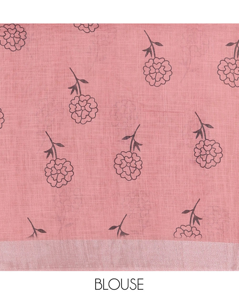 Black Linen Cotton Saree, Subtly Sparkled with Floral Vine Motifs Printed All Over Its Body, Subtle Bavanji Border, Pallu Steeped with Stripes, and Paired with a Floral Printed Blouse