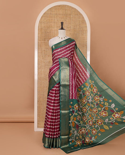 Wine zari striped & uniquely printed soft tusser saree,contrast traditional zari border,kalamkari floral print pallu & zari design blouse