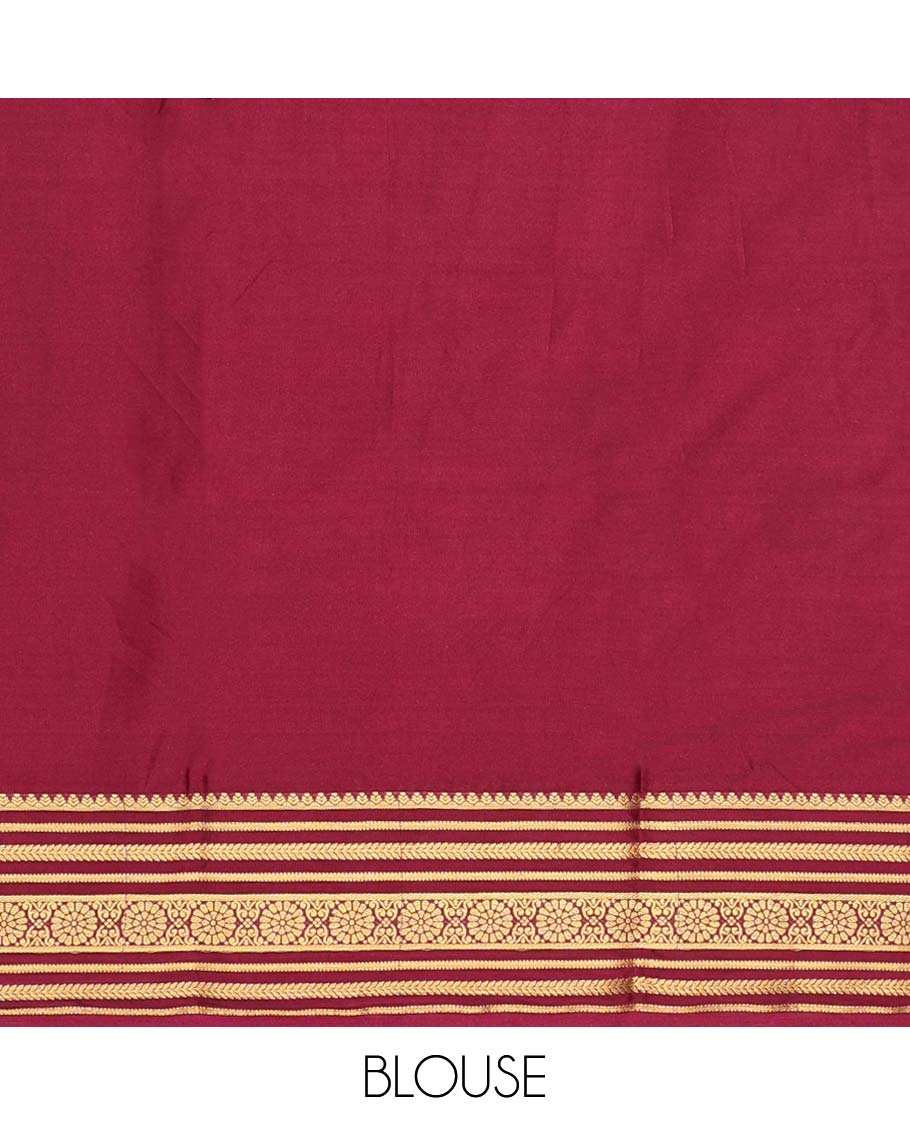 Pink pichwai-style floral vine printed semi-banaras printed saree, contrast traditional design border & striped pallu