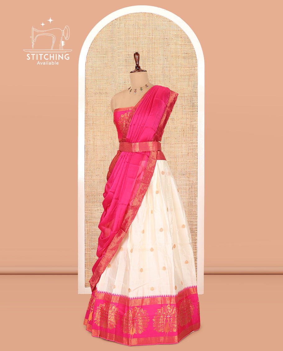Cream-Rani Pink Semi-Silk Half-Saree