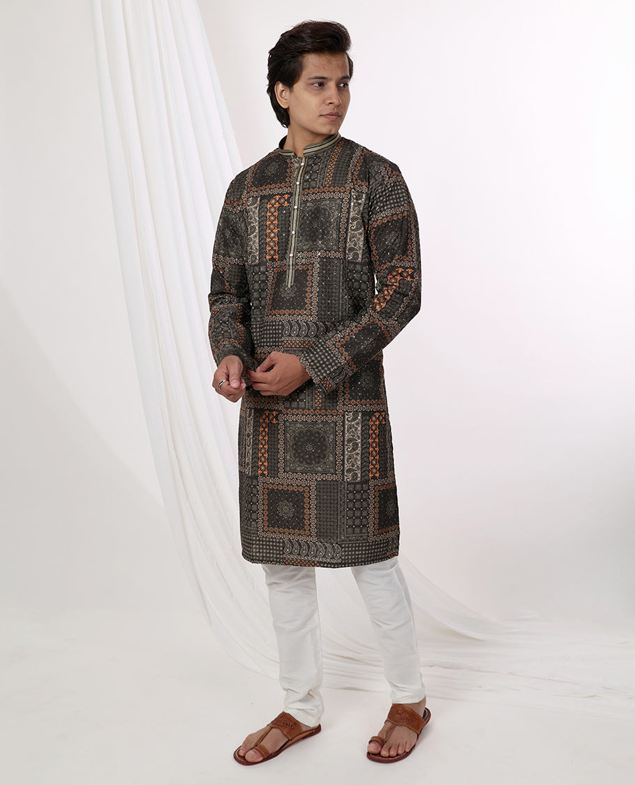Multi-color ajrakh style floral design with sequins work mandarin collar & full-sleeve long raw silk kurta