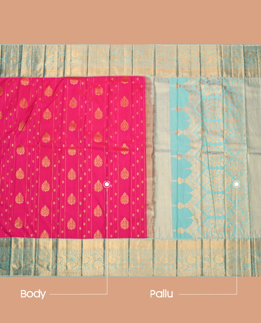 Pink Budget Silk Saree, Prettified with Zari Buttas and Stripes, Complemented by a Contrast Traditional Border, Grand Pallu, and a Contrast Blouse
