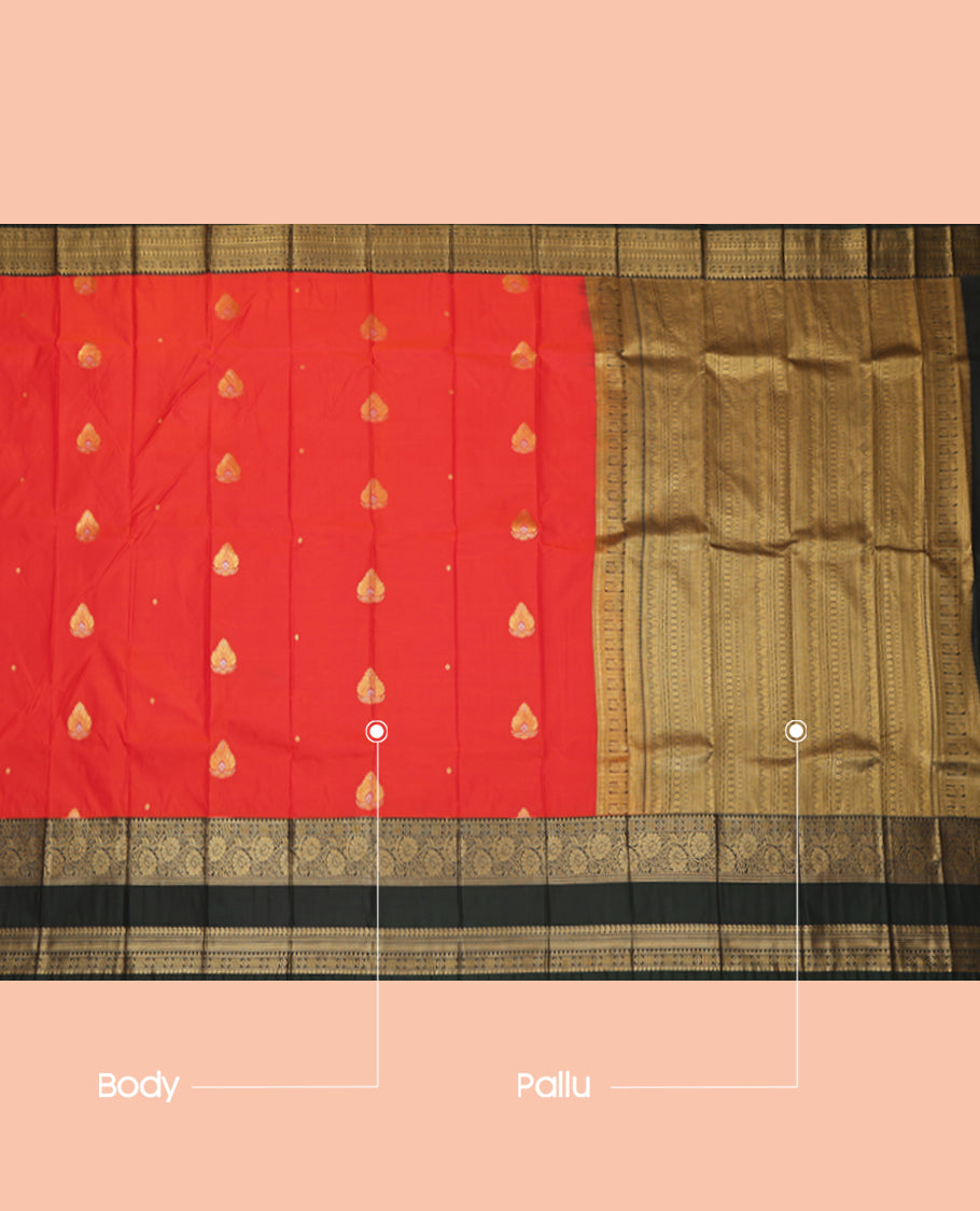 Red Budget Silk Saree, Enlivened with Floral Buttas, a Contrast Rettai Pettu Zari Border, a Grand Pallu and a Contrast Blouse