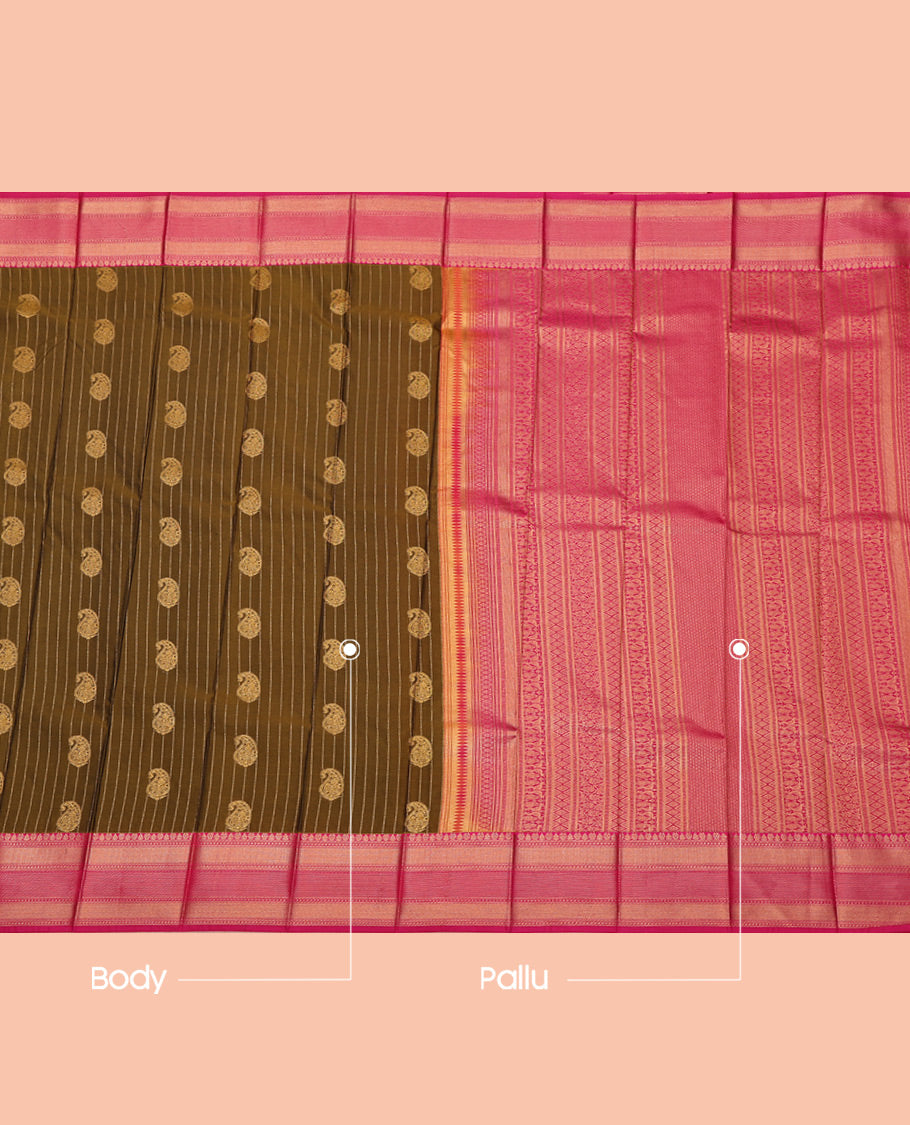 Green Budget Silk Saree, Highlighted with Paisley Buttas and Stripes All Over Its Body, Complemented by a Contrast Traditional Zari Border, Grand Pallu, and Paired with a Contrast Blouse