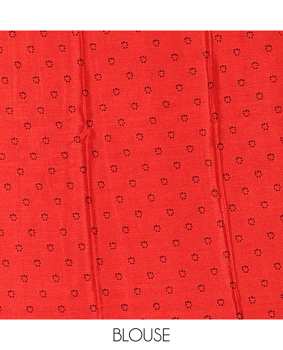 Borderless red Shibori-style circle motifs printed Turkey crepe saree, Shibori printed pallu & small buttas printed blouse