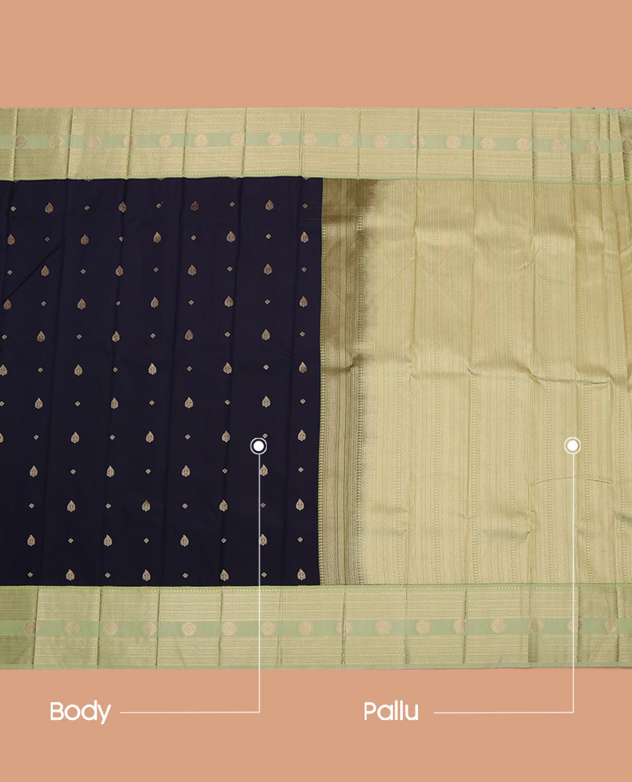 Blue Budget Silk Saree, Subtly Sparkled with Zari Buttas All Over Its Body, Complemented by a Contrast Traditional Zari Design Border, a Gleaming Pallu of Geometric Design, and Paired with a Contrast Blouse