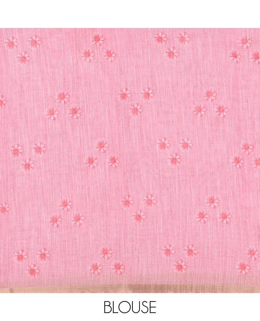 Baby pink daisy floral printed linen cotton saree, gold zari piping border, daisy floral printed pallu, and matching floral printed blouse