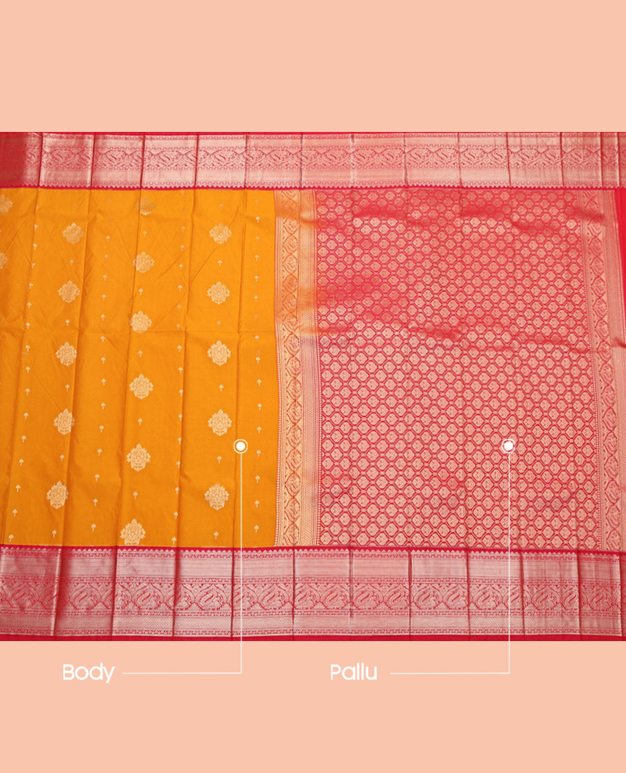 Orange Budget Silk Saree, Woven with Zari Buttas, Complemented by Contrast Traditional Border, Grand Pallu and a Contrast Blouse
