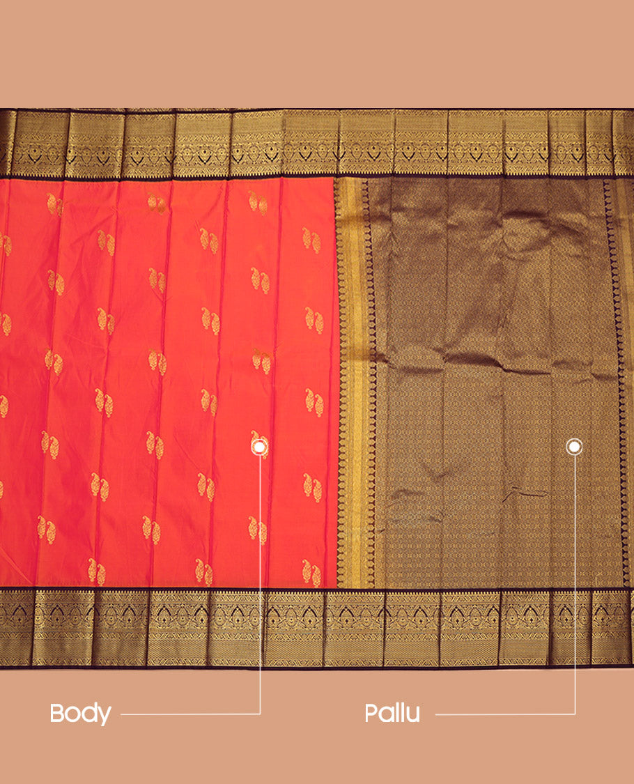 Orange Budget Silk Saree, Detailed with Zari Buttas on Its Body, Complemented by a Contrast Traditional Zari Design Border, Pallu of Jaal Designs, and Paired with a Contrast Blouse