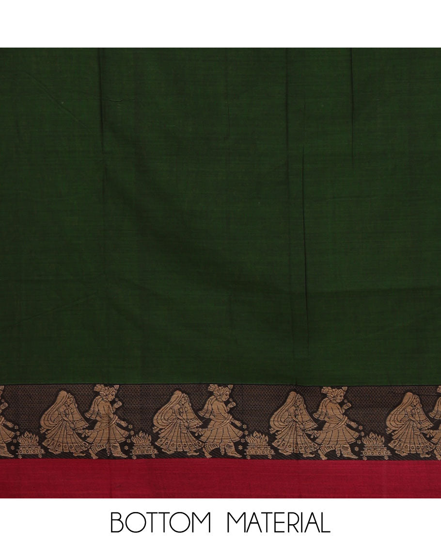 Green mercerised cotton material chudidar set, Madhubani-style bride-groom motif woven top, bottom & dupatta