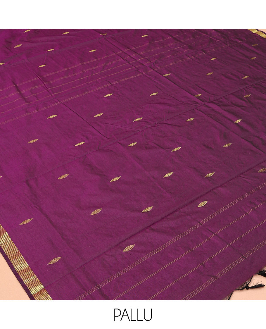 Purple Ten Yard Saree, Adorned with Buttas, a Zari Border, Pallu of Buttas and Stripes, and No Blouse