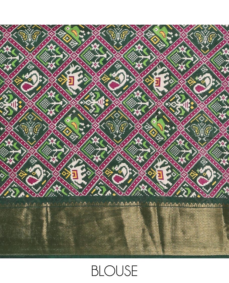 Cream-green plain dola-tussar saree, contrast temple zari border, patola animal motifs enclosed jaal printed pallu & patola printed blouse