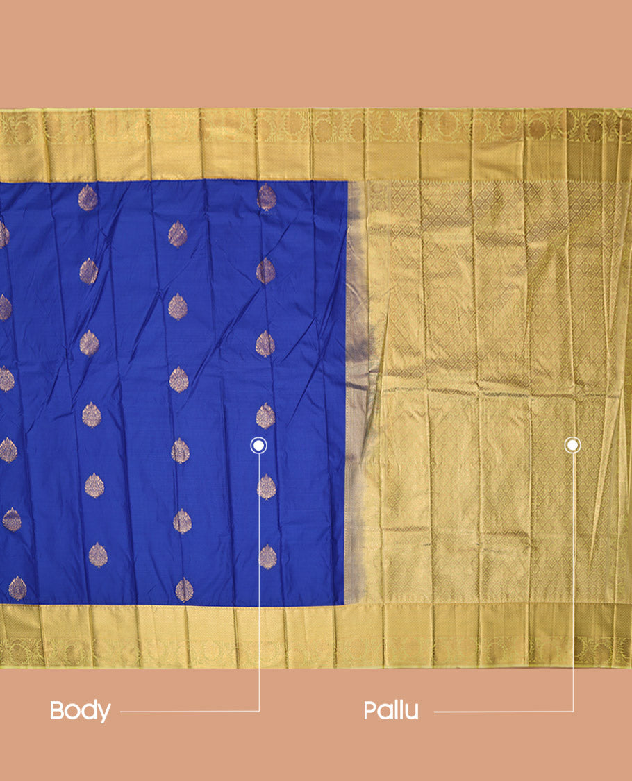 Royal Blue Budget Silk Saree, Ornamented with Zari Buttas, Contrast Traditional Zari Border, Jaal Pallu, and a Contrast Blouse