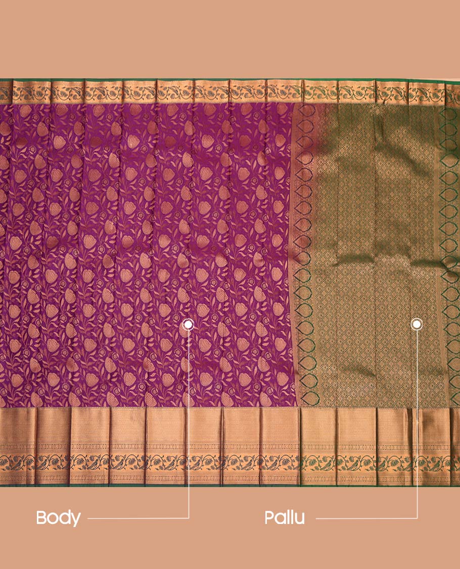 Purple Budget Silk Saree, Elevated with Floral Jacquard Design, Complemented by Contrast Traditional Zari Border, a Jaal Pallu and a Contrast Blouse