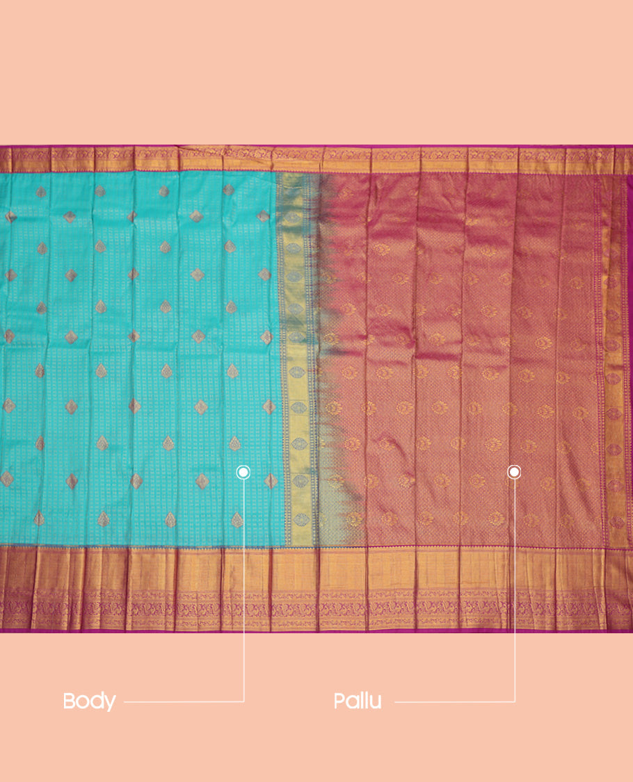 Blue Budget Silk Saree, Accentuated with Zari Buttas, a Contrast Traditional Zari Border, Grand Pallu, and a Contrast Blouse
