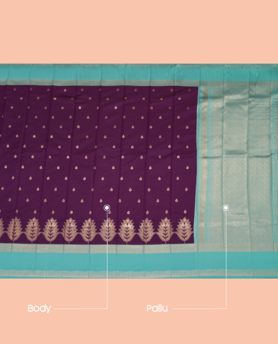 Purple Litchi Saree, Crafted with Zari Buttas, a Contrast Traditional Rettai Pettu Border, Grand Pallu, and a Contrast Blouse