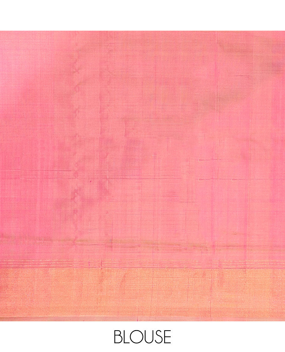 Pink checked , paisley design uppada silk saree with contrast zari border & floral buttas pallu