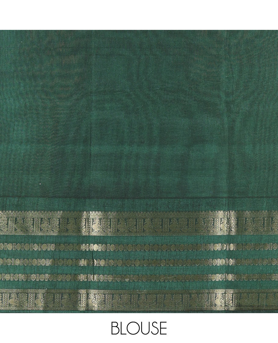 Green leaf motifs printed dola silk saree, contrast traditional zari border of Rudraksham and peacock motifs, geometric printed pallu and contrast printed blouse