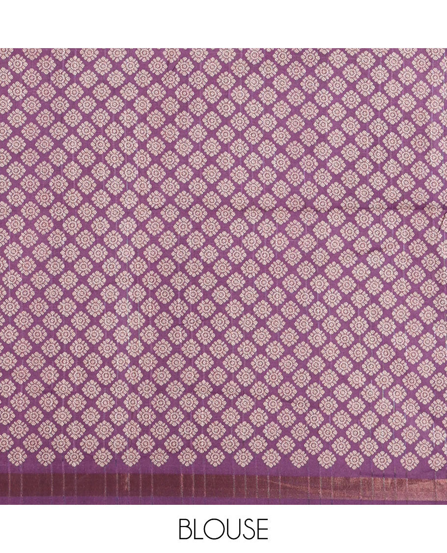 Rama green with purple butta printed kathan silk saree with contrast floral zari border & rich printed pallu along with printed blouse