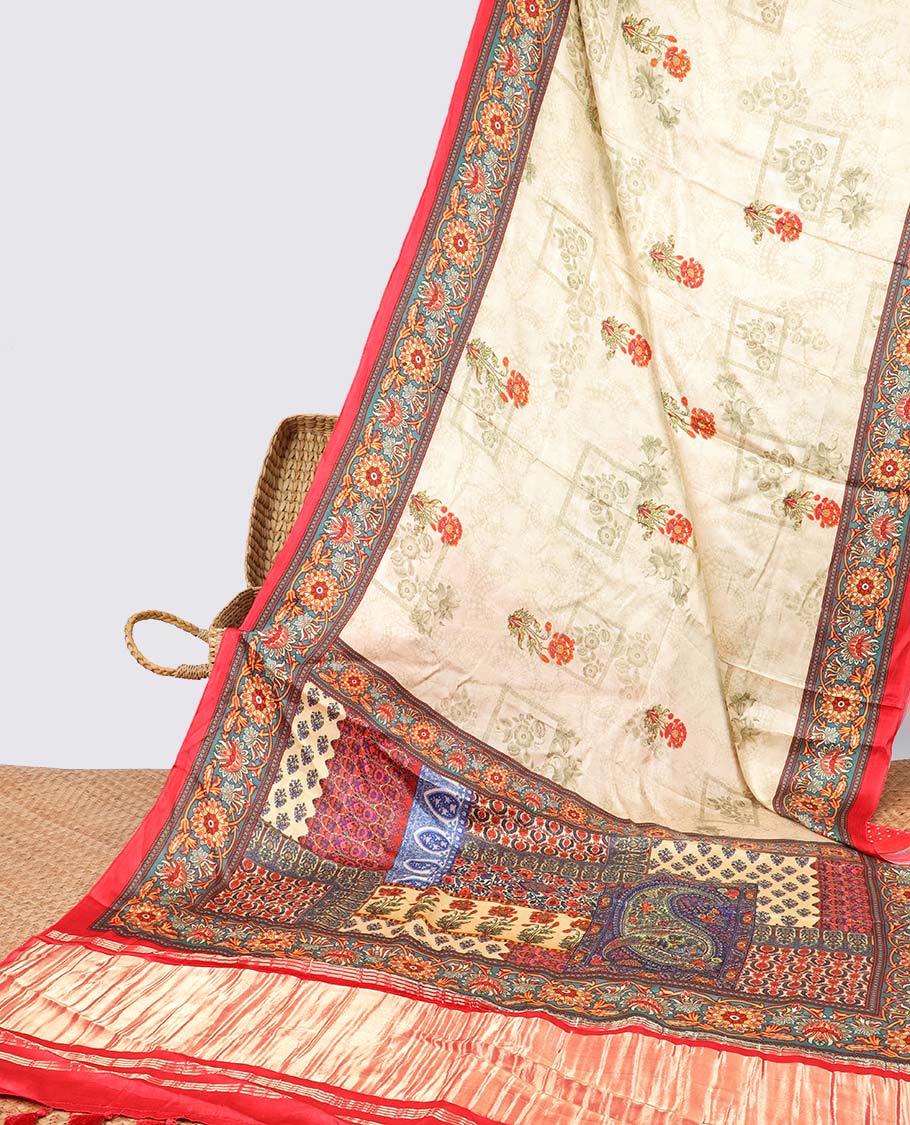 Cream floral motifs semi-banaras printed saree with contrast border & floral design with zari border